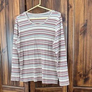 Eddie Bauer Red and Gray Striped Long Sleeve Tee
